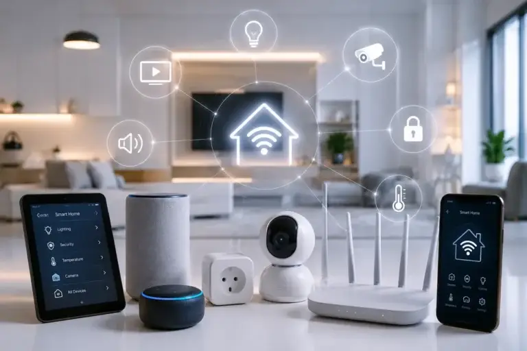 Moderne smart home-opstelling met slimme speakers, beveiligingscamera, router, tablet en smartphone voor verbonden consumentenelektronica.