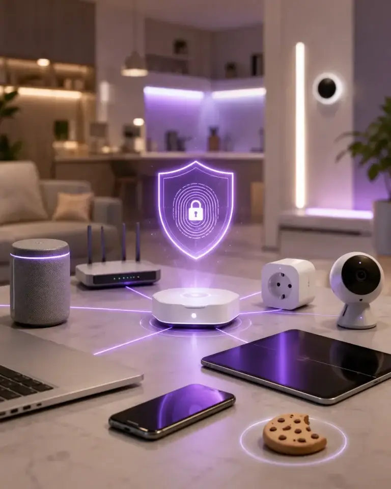 Slimme apparaten zoals speaker, router, camera, smartphone en tablet in een modern smart home met beveiligingsschild als symbool voor cookiebeleid, privacy en gegevensbescherming.