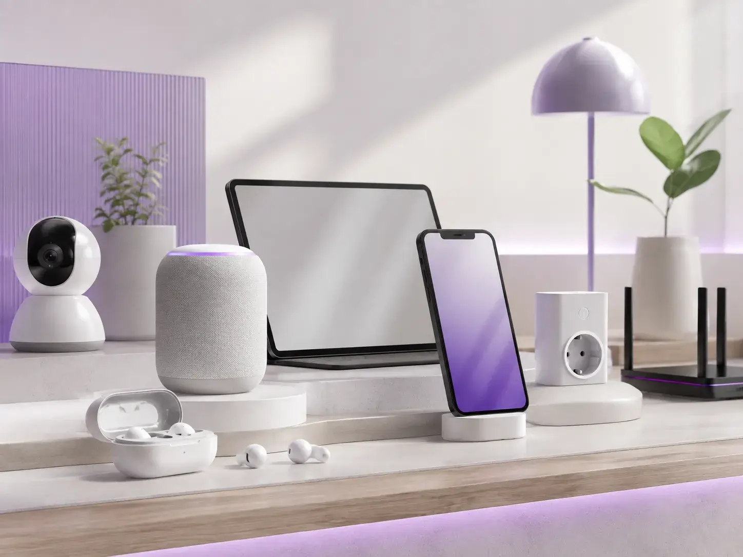 Minimalistische opstelling met smartphone, tablet, slimme speaker, camera, slimme stekker en router voor consumentenelektronica en smart home.