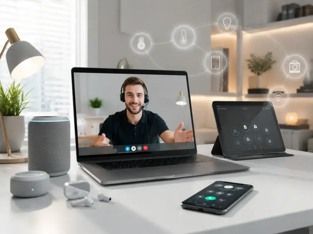 Laptop met online klantenservicegesprek naast tablet, smartphone en slimme apparaten in een modern smart home kantoor.