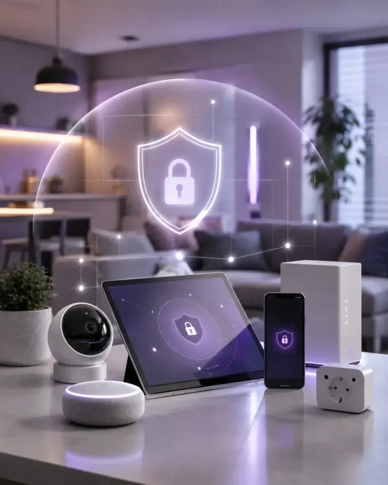 Moderne smart home-apparaten zoals tablet, smartphone, slimme speaker, camera en slimme stekker met beveiligingsschild als symbool voor privacy, databescherming en veilig gebruik van consumentenelektronica.
