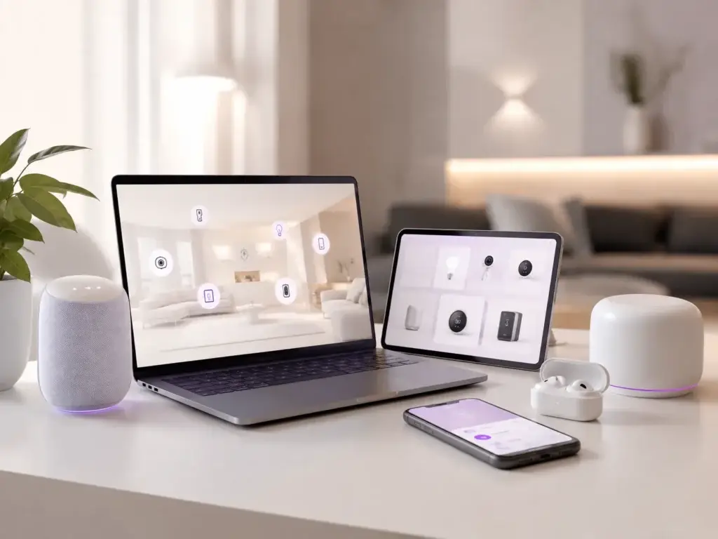 Laptop, tablet en smartphone met slimme apparaten op een bureau, passend bij registratie voor nieuws en updates over consumentenelektronica en smart home.