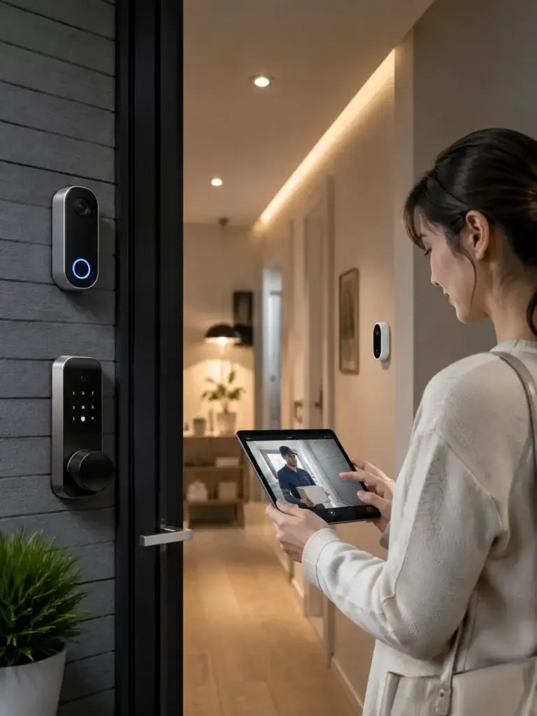 Vrouw bekijkt via tablet een slimme deurbel en beveiligingssysteem bij de voordeur van een modern smart home.