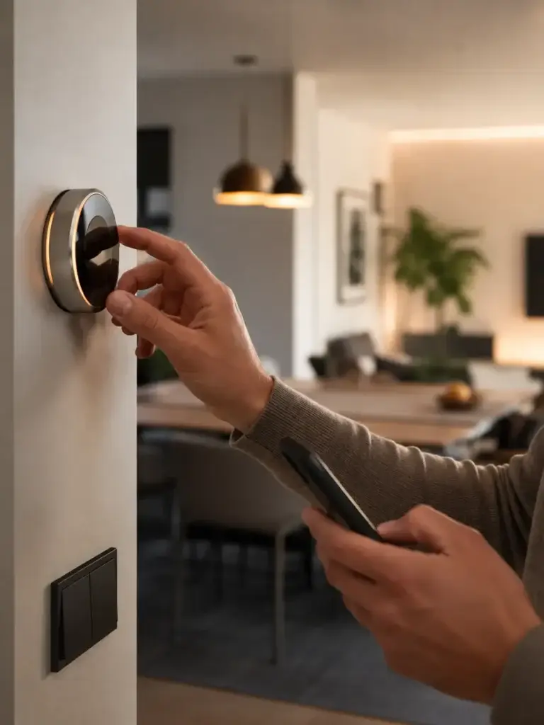 Close-up van een gebruiker die een slimme thermostaat instelt met smartphone in een modern smart home interieur.