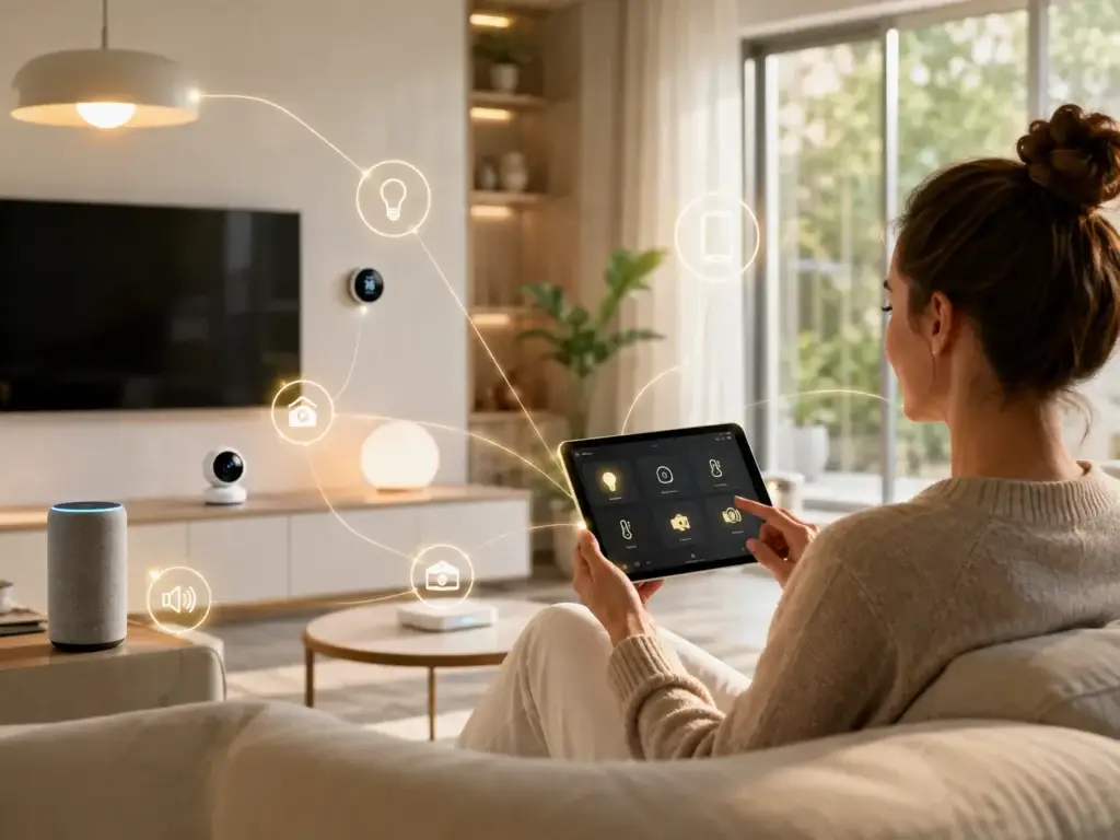 Vrouw bedient smart home-functies via tablet in een moderne woonkamer met verbonden slimme apparaten en digitale netwerkiconen.
