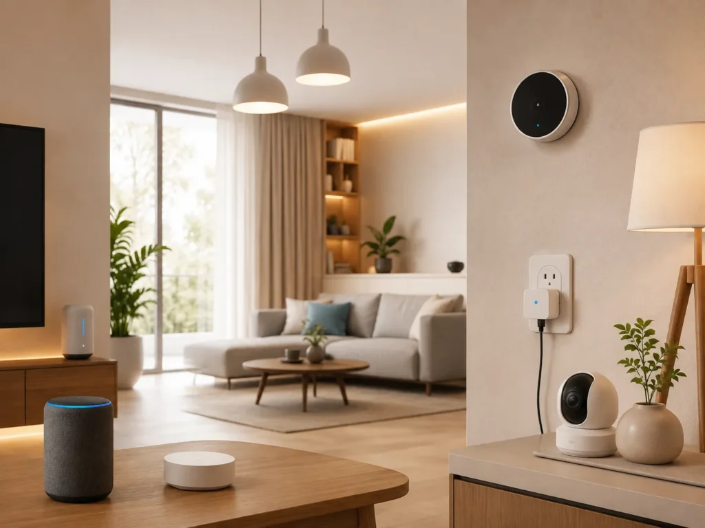 Moderne woonkamer met smart home-apparaten zoals slimme speaker, beveiligingscamera en slimme stekker, passend bij contact en advies over consumentenelektronica.